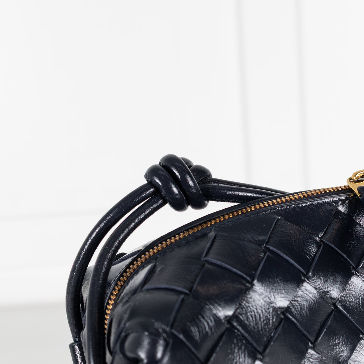 Bottega Veneta Navy Glossy Intrecciato Leather Loop Small Camera Bag