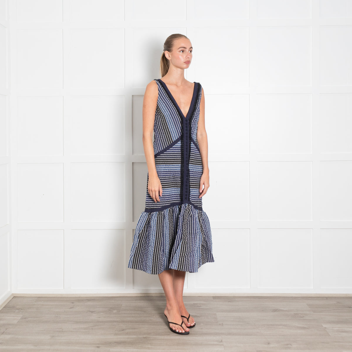 Erdem Blue Striped V Front And Back Sleeveless Dress