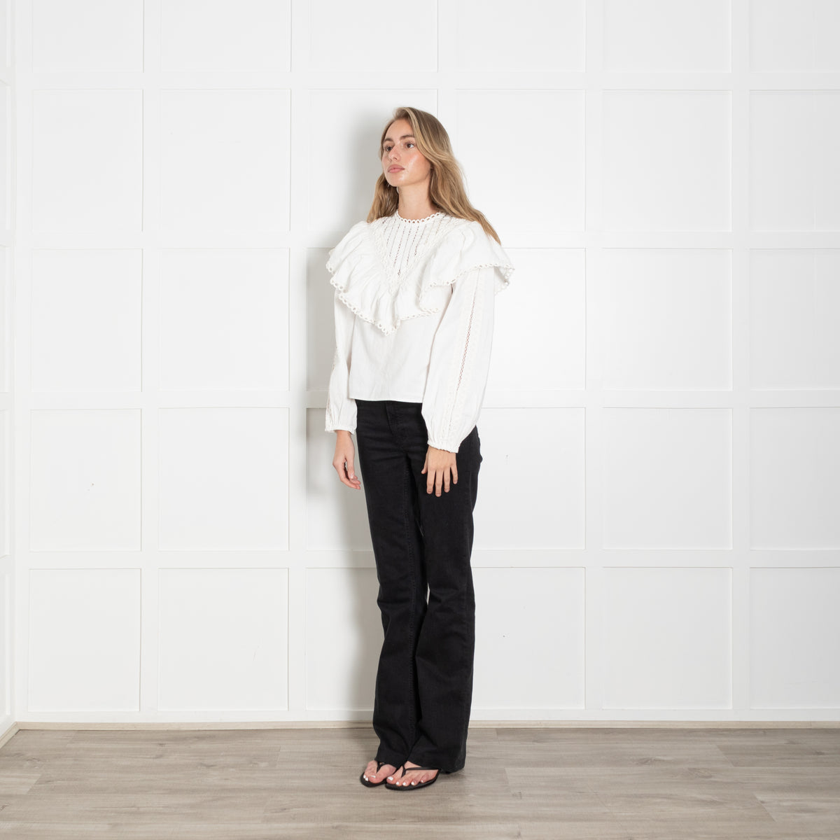 Sezane x Sea White Cotton Bib Front Frill Blouse