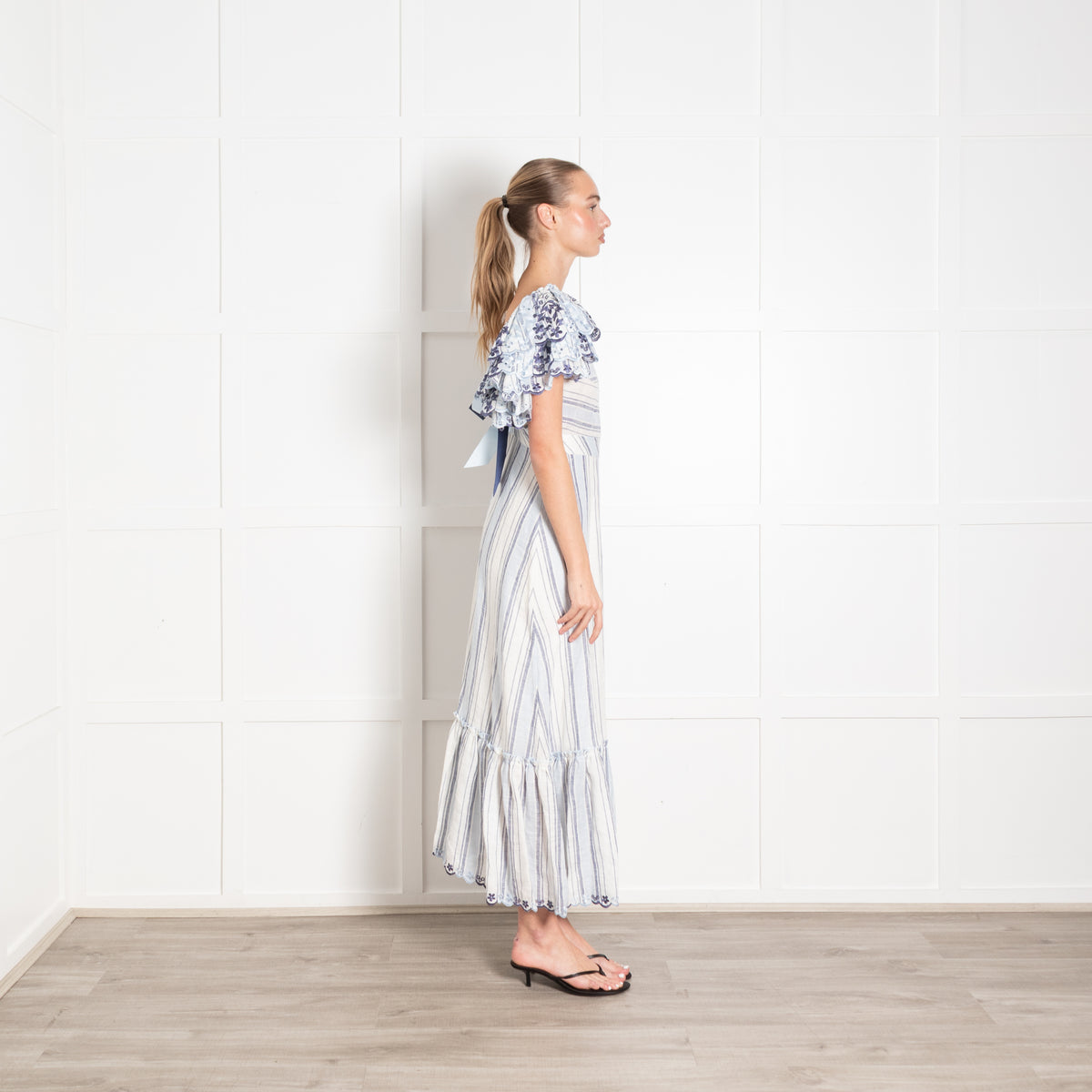 Gul Hurgel Blue Striped Broderie Sleeve Midi Dress
