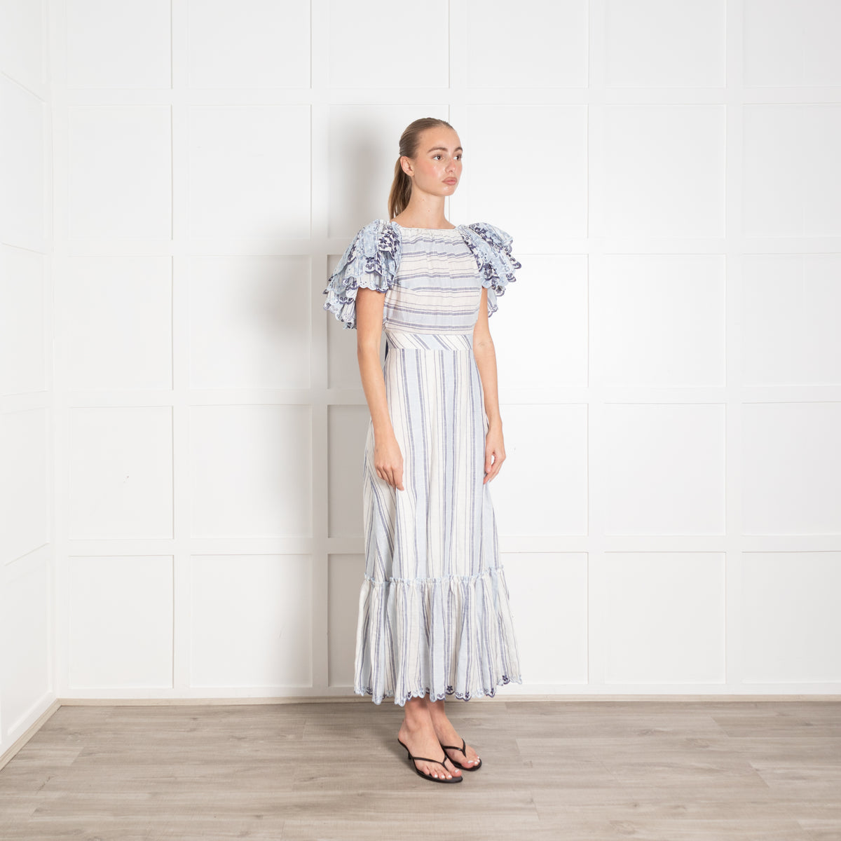 Gul Hurgel Blue Striped Broderie Sleeve Midi Dress