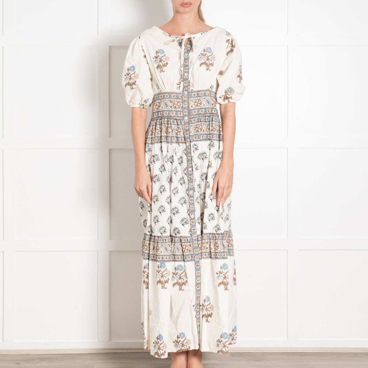 Hannah Artwear Blue and Beige Block Print Midi Dress
