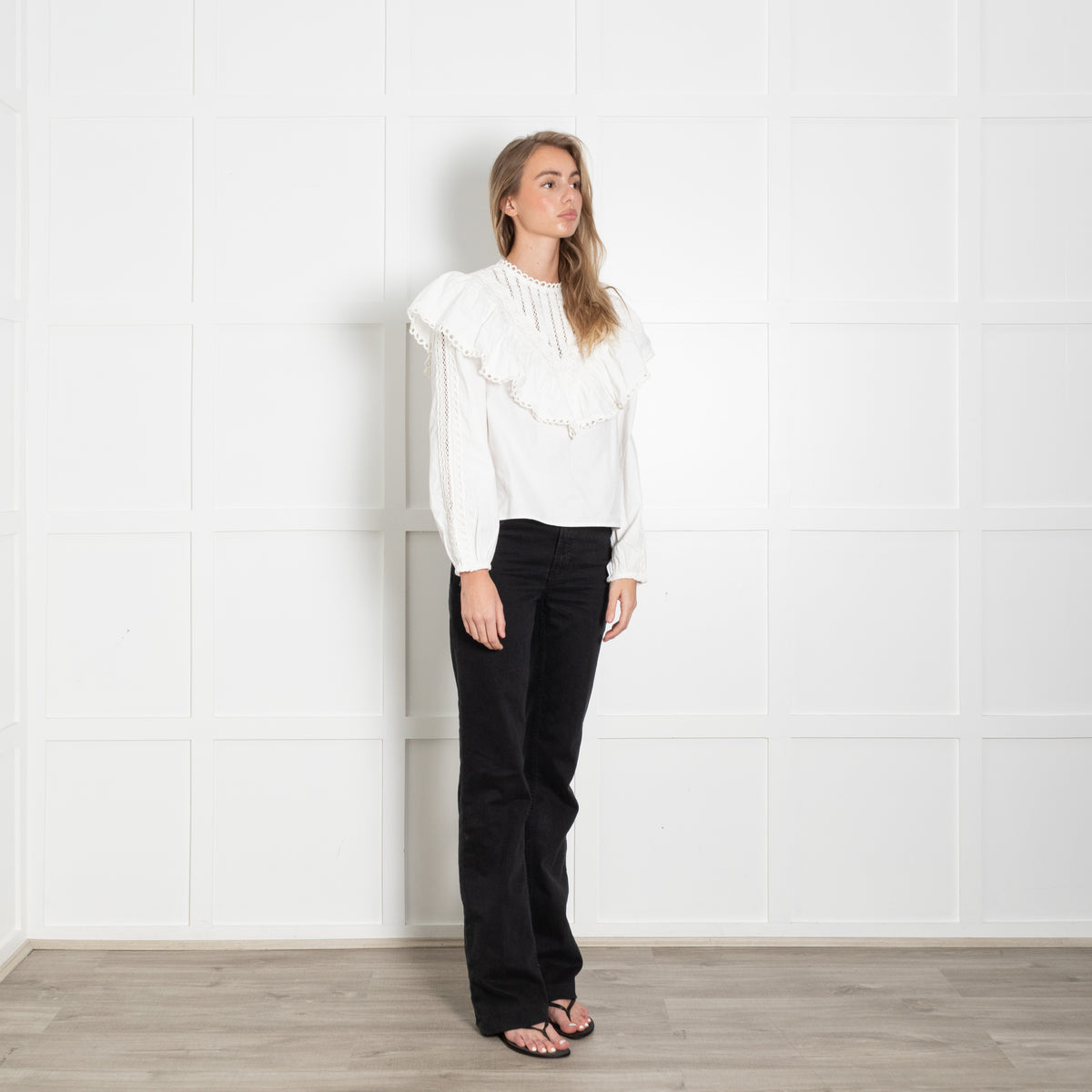 Sezane x Sea White Cotton Bib Front Frill Blouse