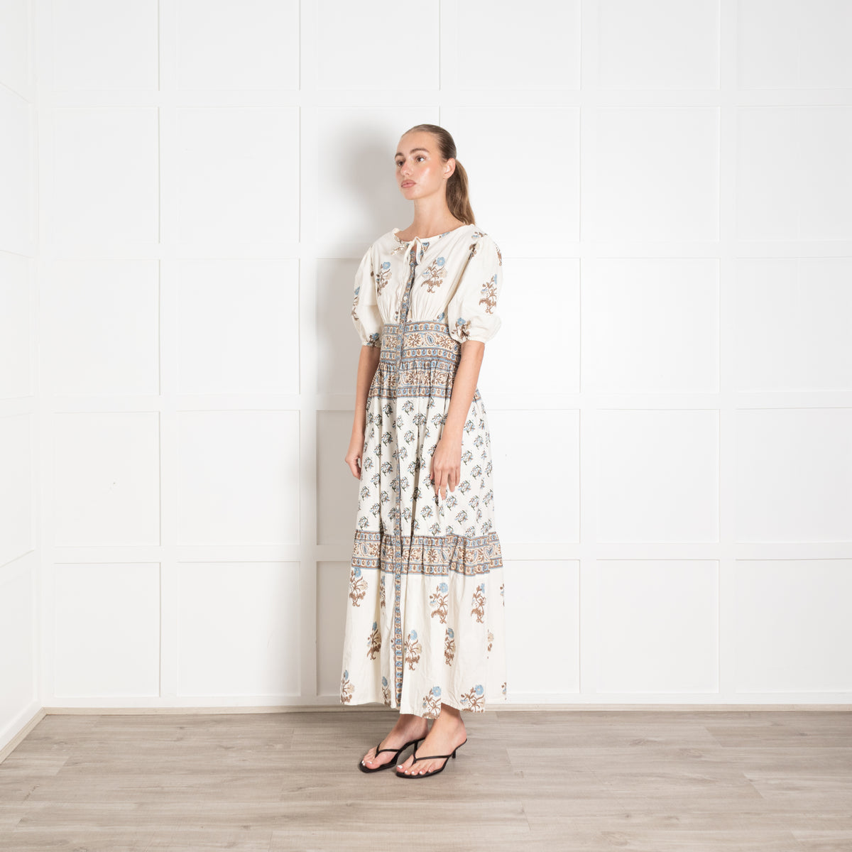 Hannah Artwear Blue and Beige Block Print Midi Dress