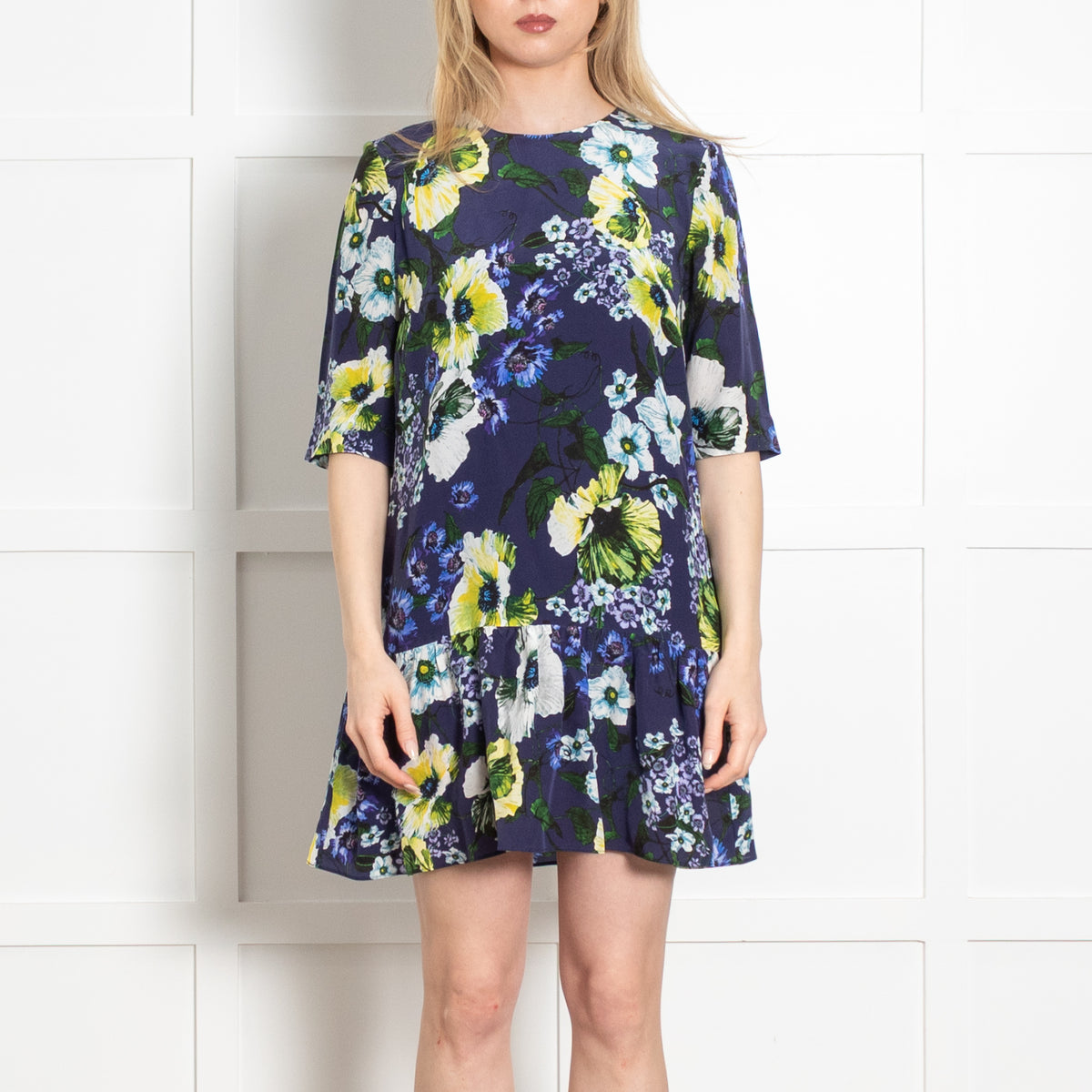 Erdem Navy Blue White Yellow Floral Peplum Mini Dress