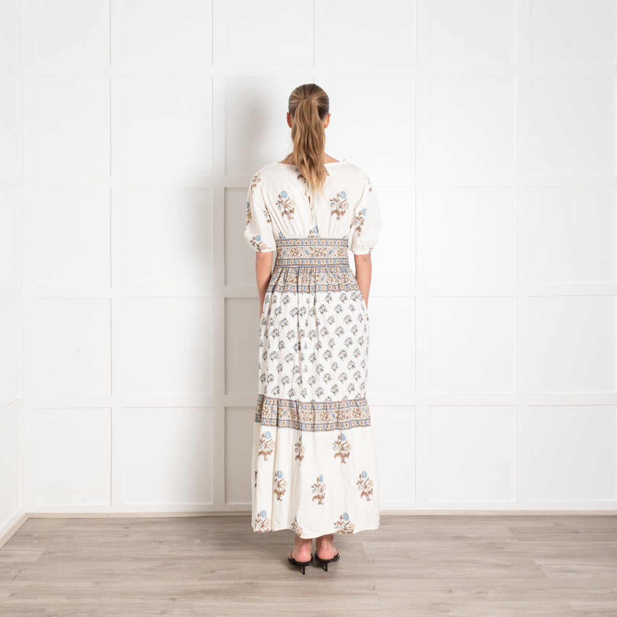 Hannah Artwear Blue and Beige Block Print Midi Dress