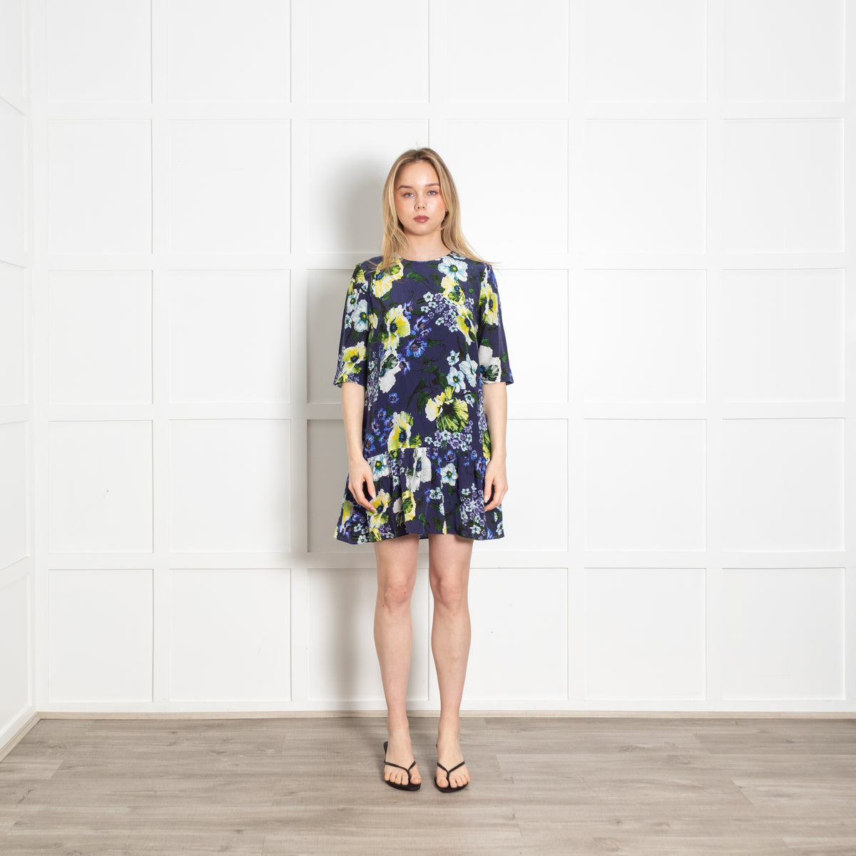 Erdem Navy Blue White Yellow Floral Peplum Mini Dress