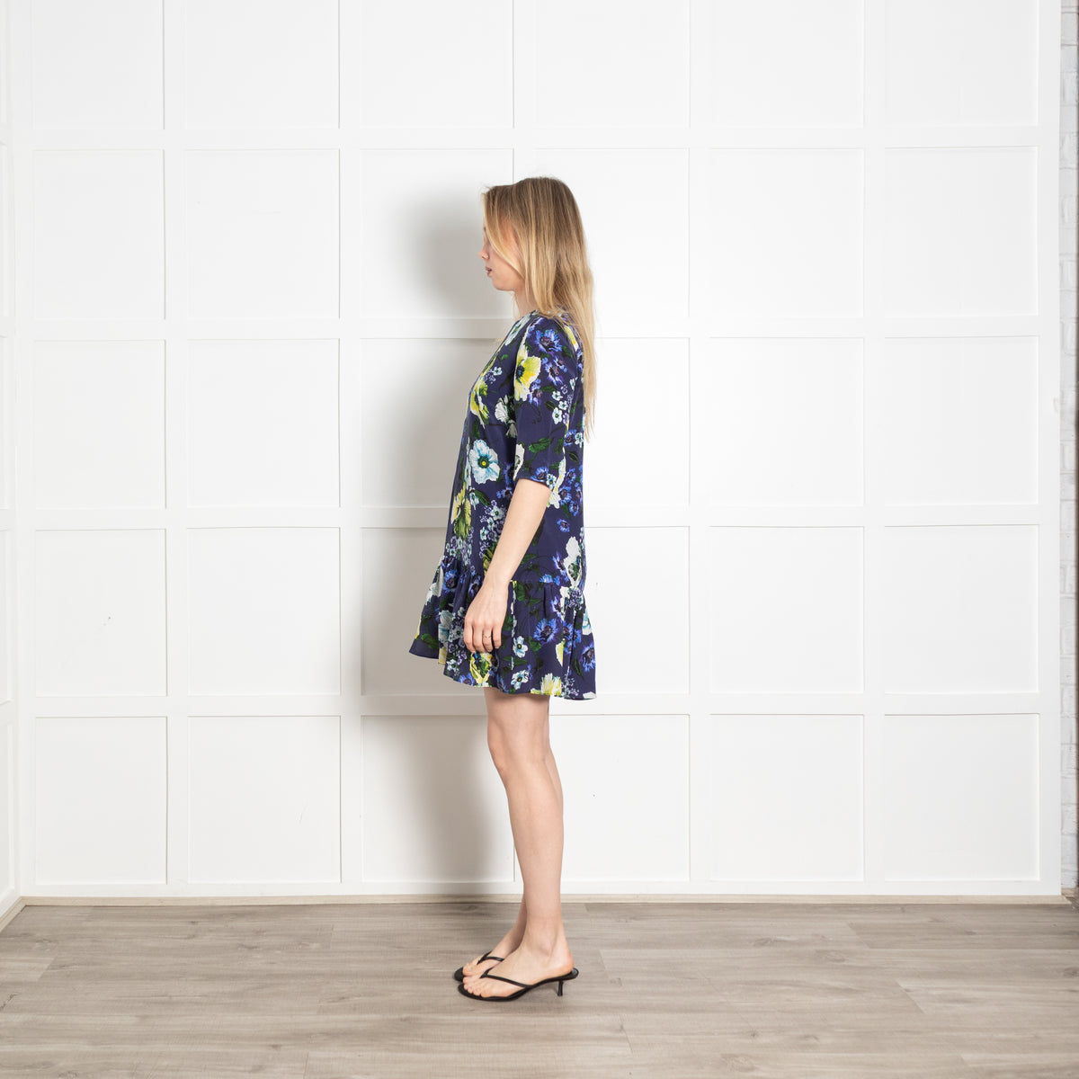 Erdem Navy Blue White Yellow Floral Peplum Mini Dress
