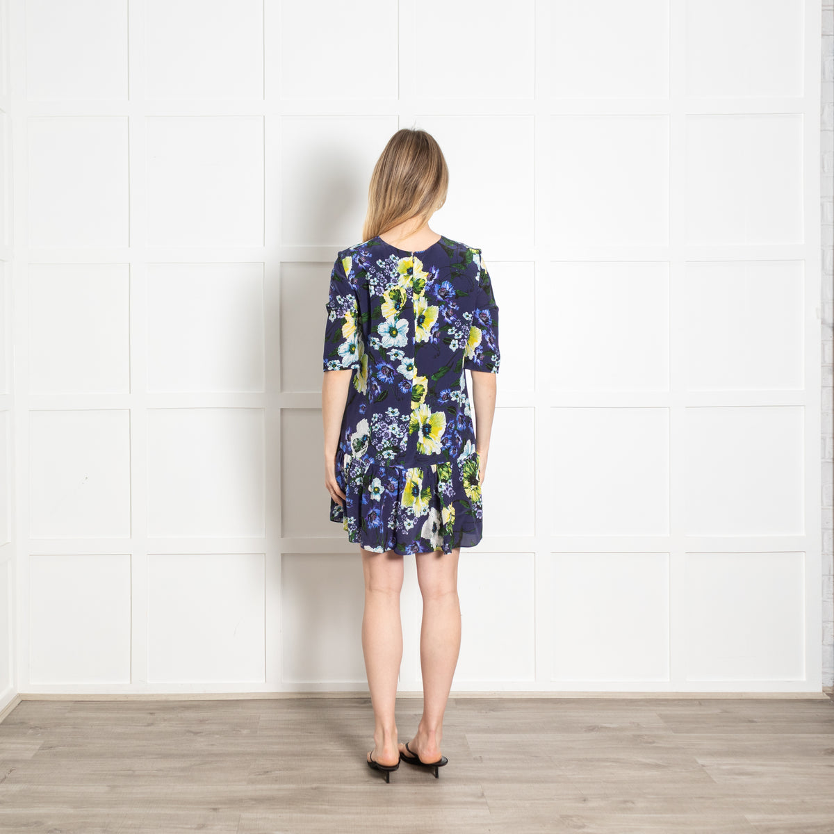 Erdem Navy Blue White Yellow Floral Peplum Mini Dress