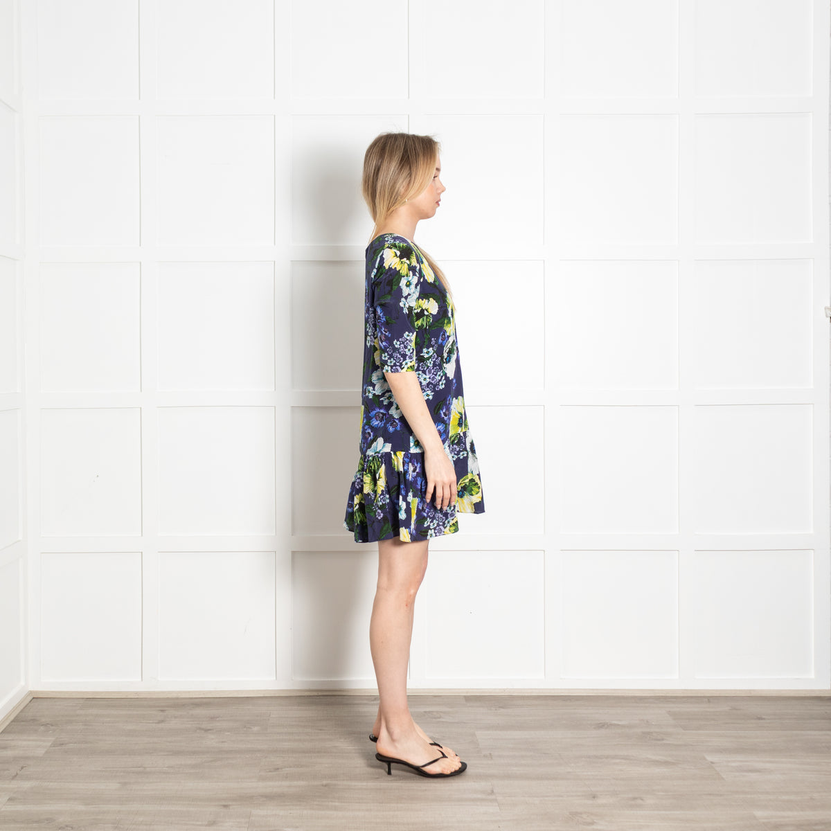 Erdem Navy Blue White Yellow Floral Peplum Mini Dress