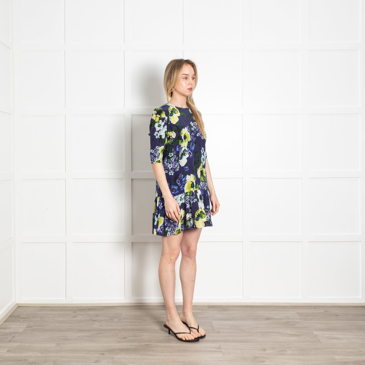Erdem Navy Blue White Yellow Floral Peplum Mini Dress