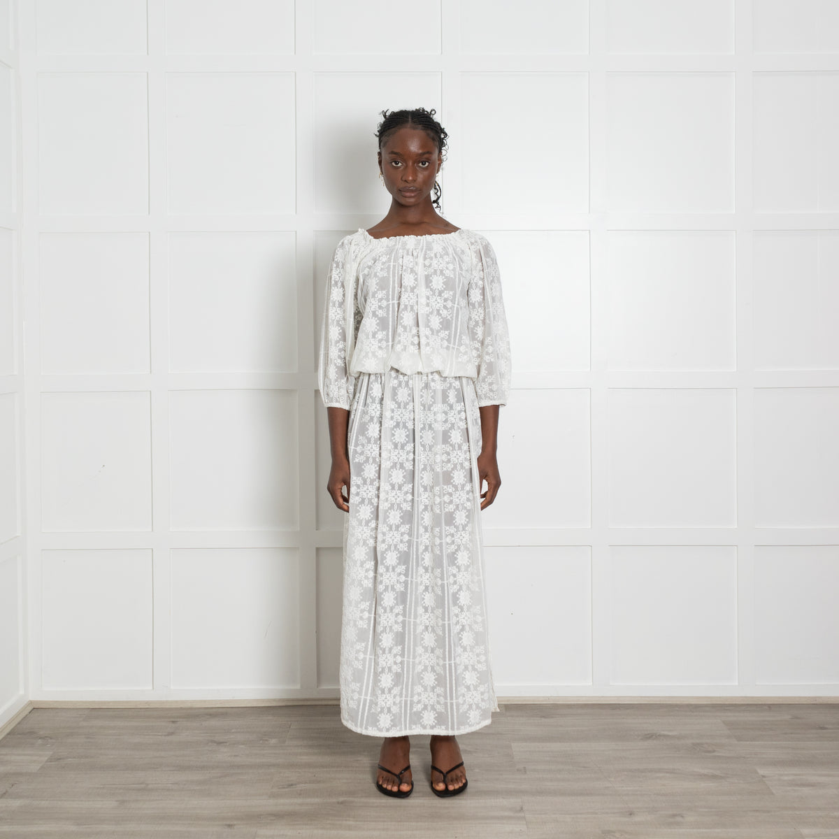 Melissa Odabash White Chiffon Print Gypsy Neck Maxi Dress