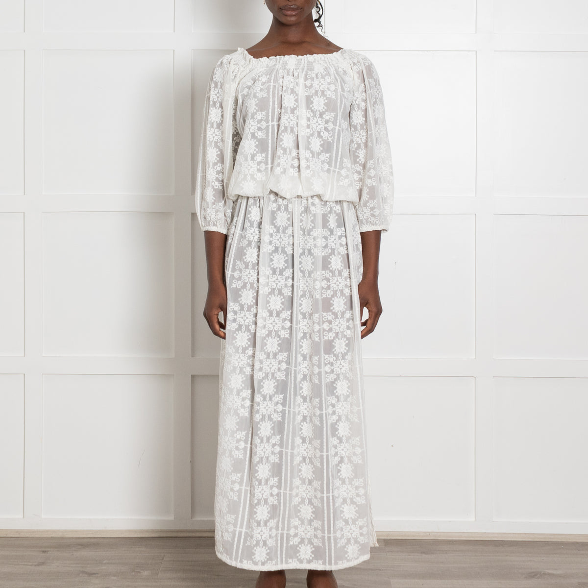 Melissa Odabash White Chiffon Print Gypsy Neck Maxi Dress