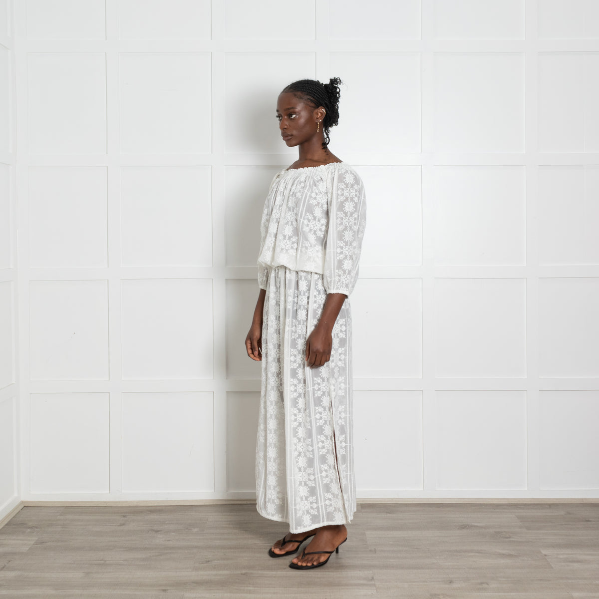 Melissa Odabash White Chiffon Print Gypsy Neck Maxi Dress