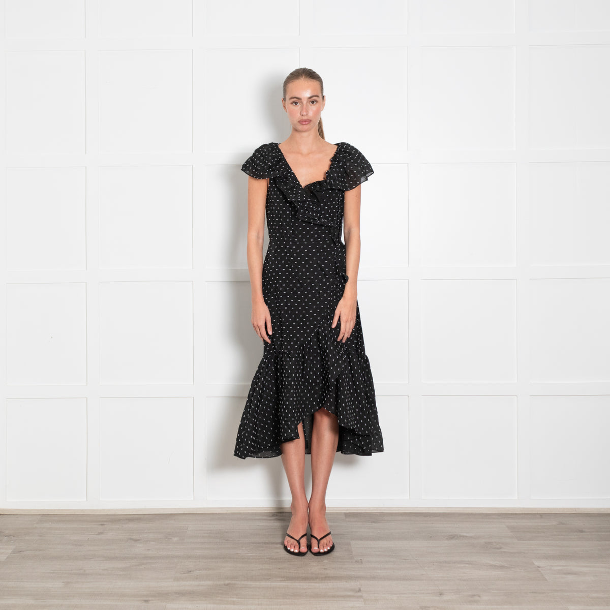 Rebecca Taylor Black Wrap Dress with Polka Dots