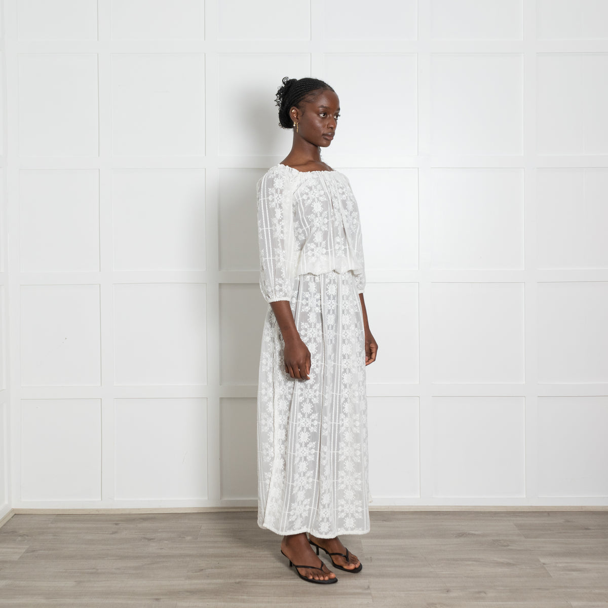 Melissa Odabash White Chiffon Print Gypsy Neck Maxi Dress