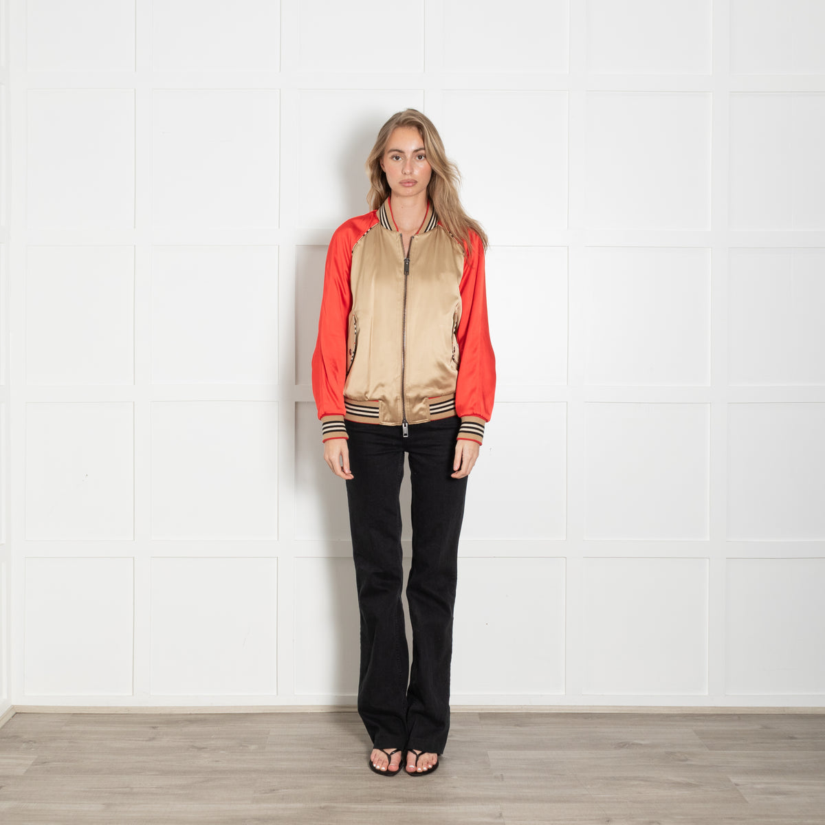 Burberry Beige And Red Paneled Stripe Trim Bomber Jacket