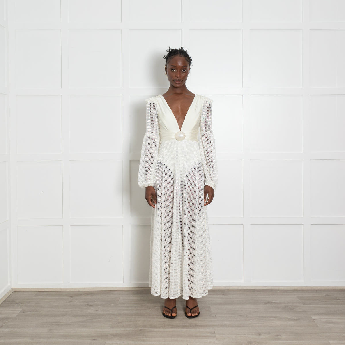 PatBo White Crochet Stretch Knit Shell Waist Maxi Dress