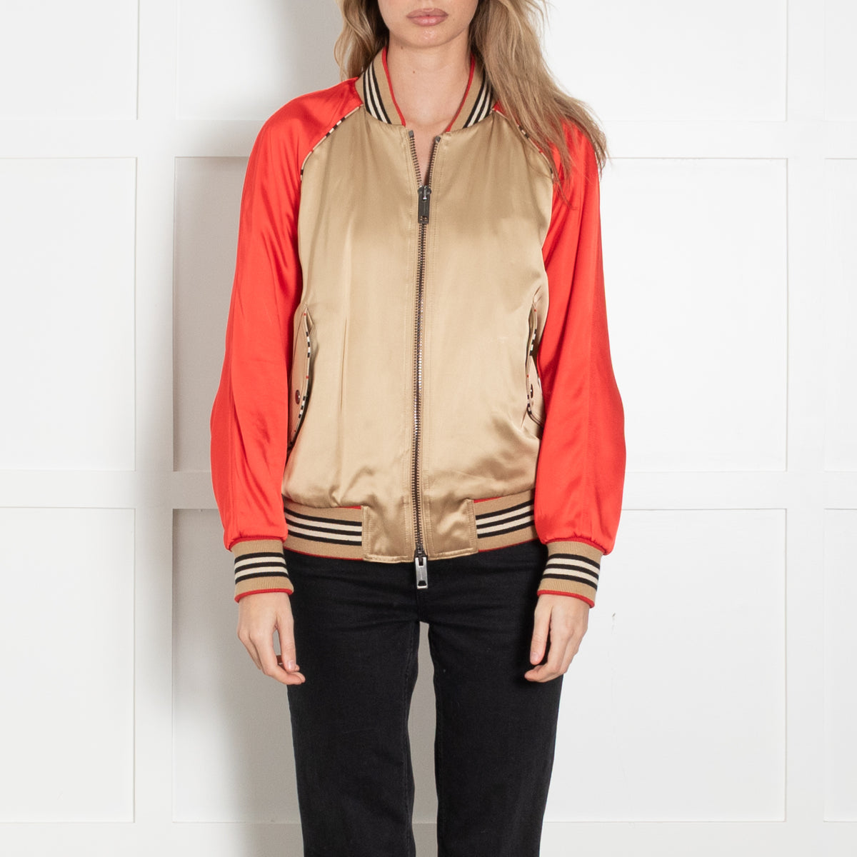 Burberry Beige And Red Paneled Stripe Trim Bomber Jacket