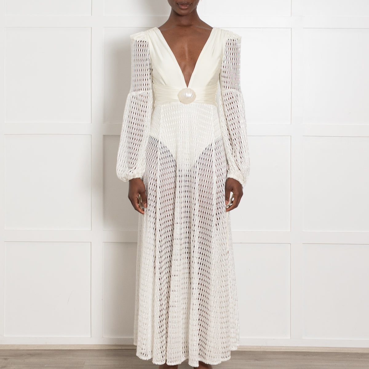 PatBo White Crochet Stretch Knit Shell Waist Maxi Dress