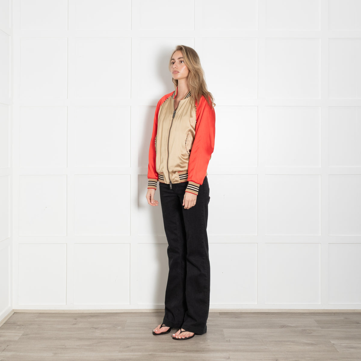 Burberry Beige And Red Paneled Stripe Trim Bomber Jacket