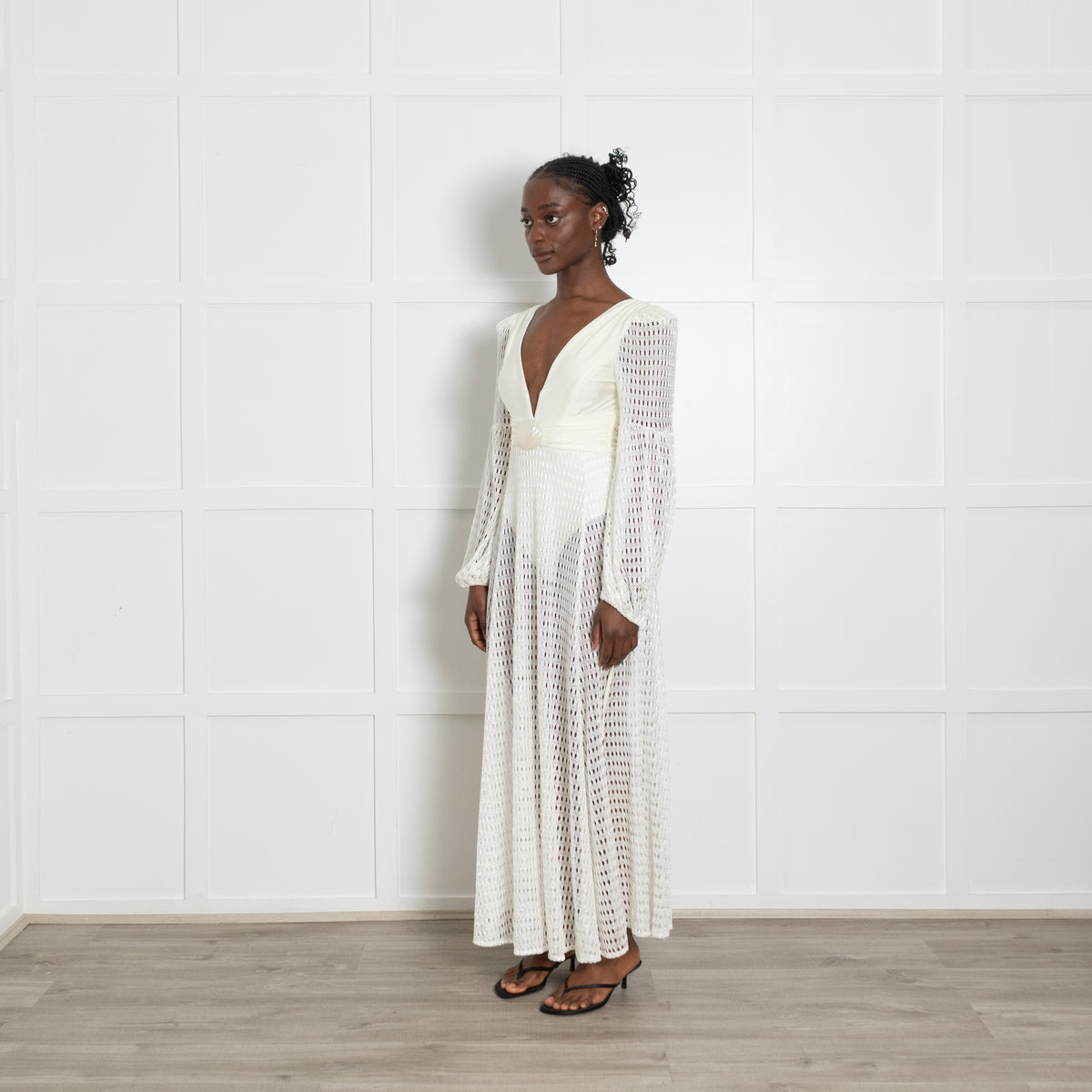 PatBo White Crochet Stretch Knit Shell Waist Maxi Dress