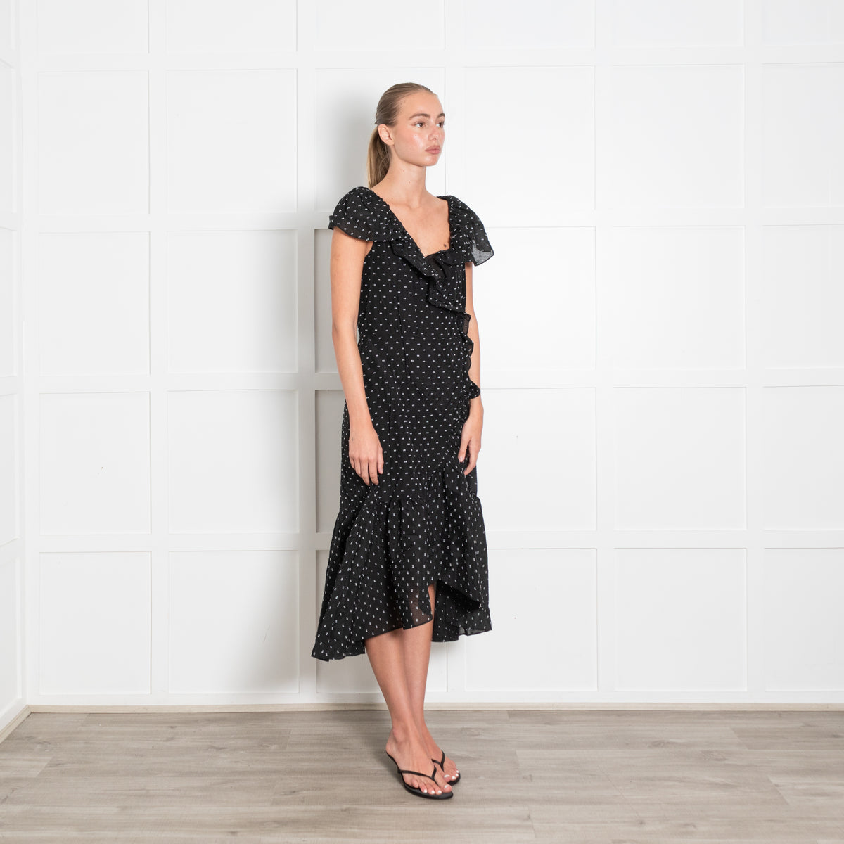 Rebecca Taylor Black Wrap Dress with Polka Dots