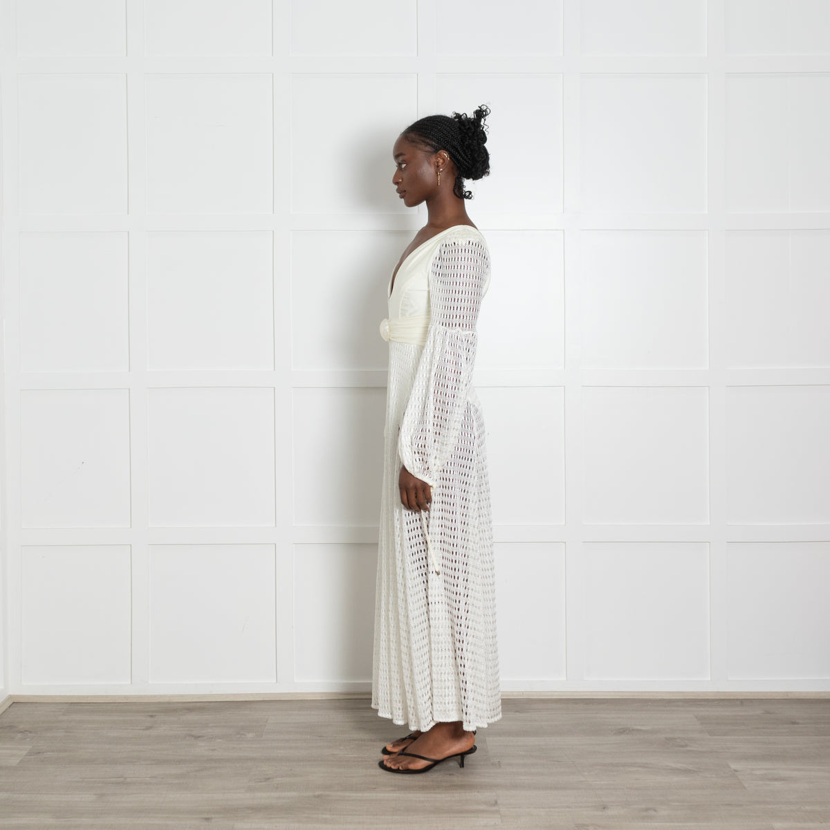 PatBo White Crochet Stretch Knit Shell Waist Maxi Dress
