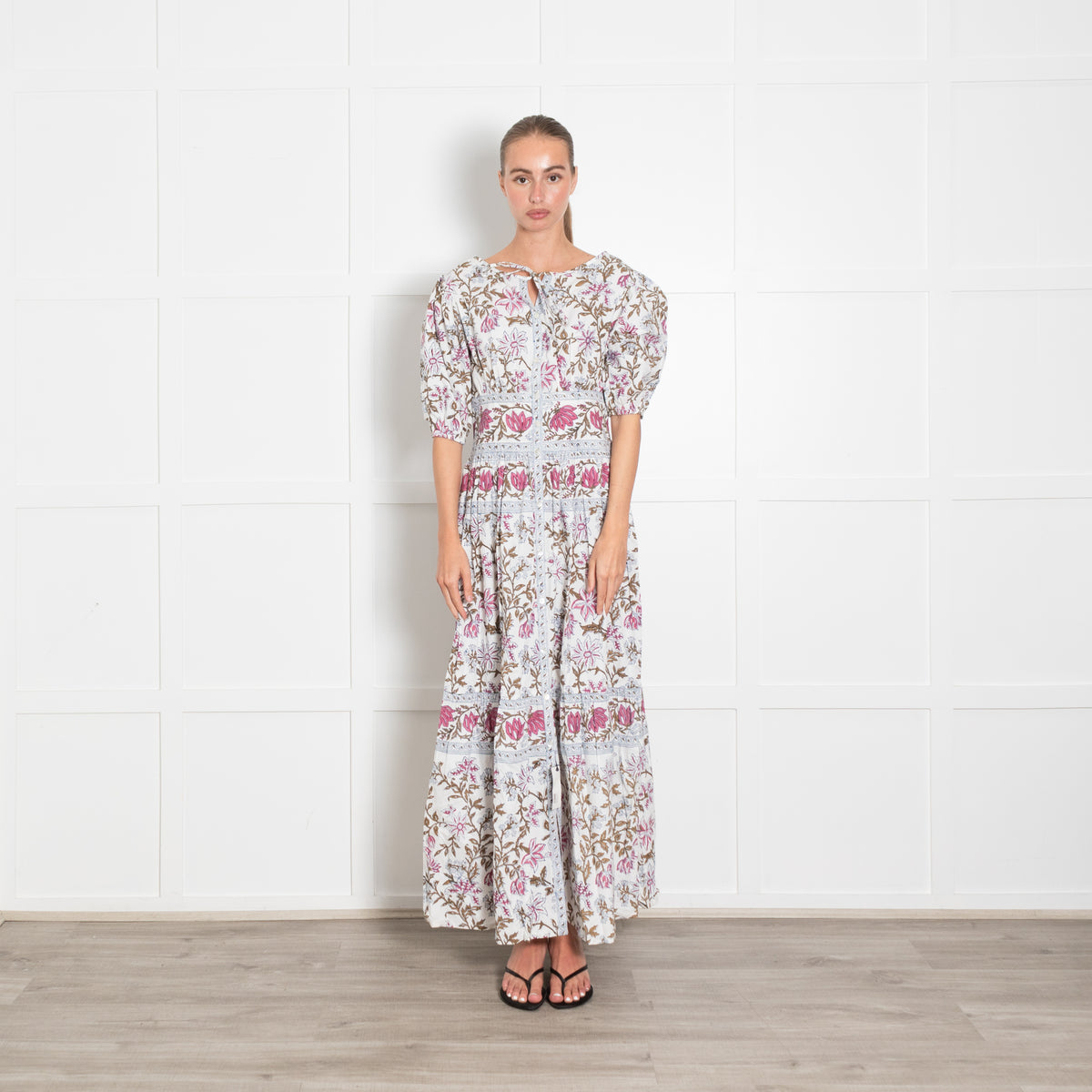 Hannah Artwear Pink, White and Khaki Floral Puff Sleeve Midi Dress