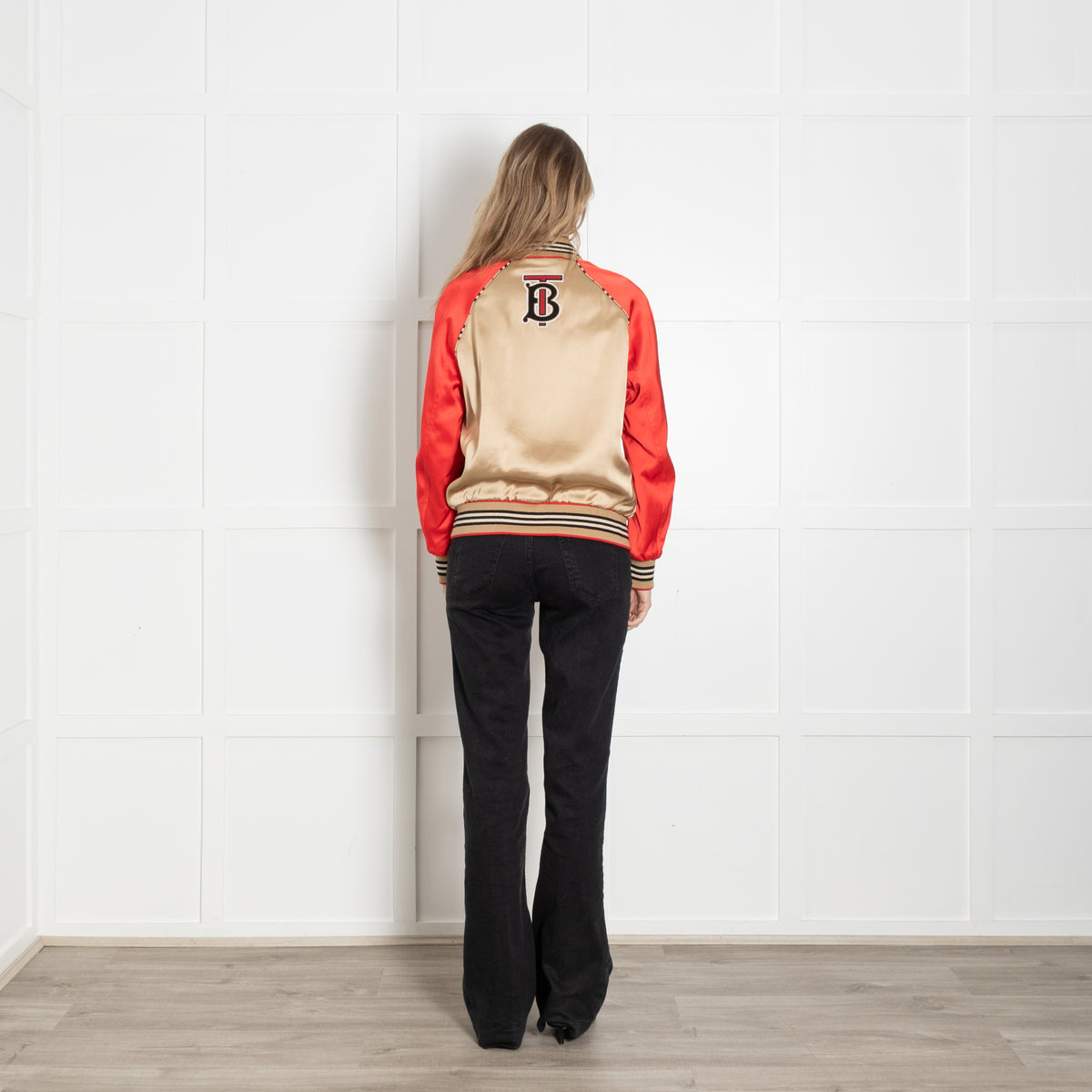 Burberry Beige And Red Paneled Stripe Trim Bomber Jacket