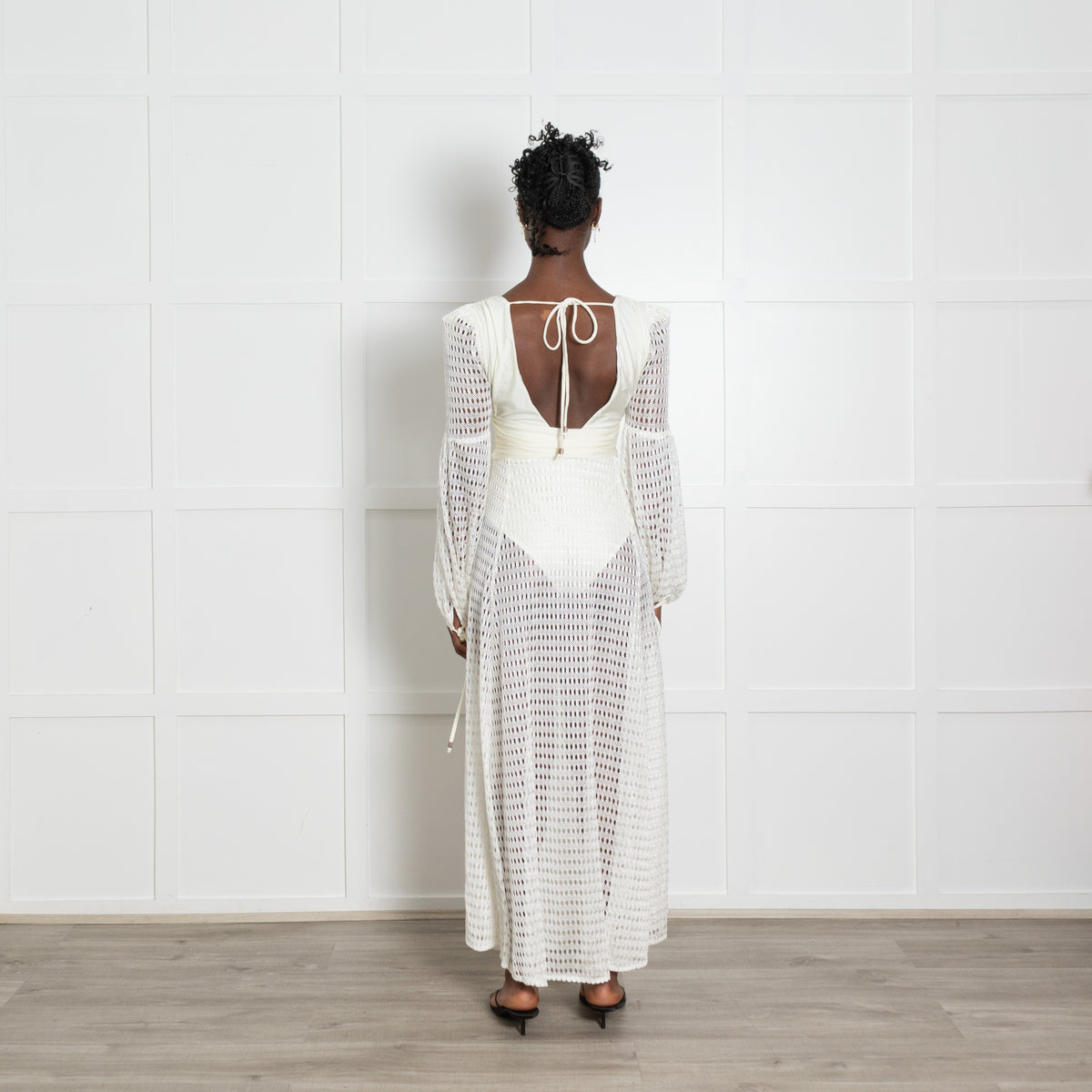 PatBo White Crochet Stretch Knit Shell Waist Maxi Dress