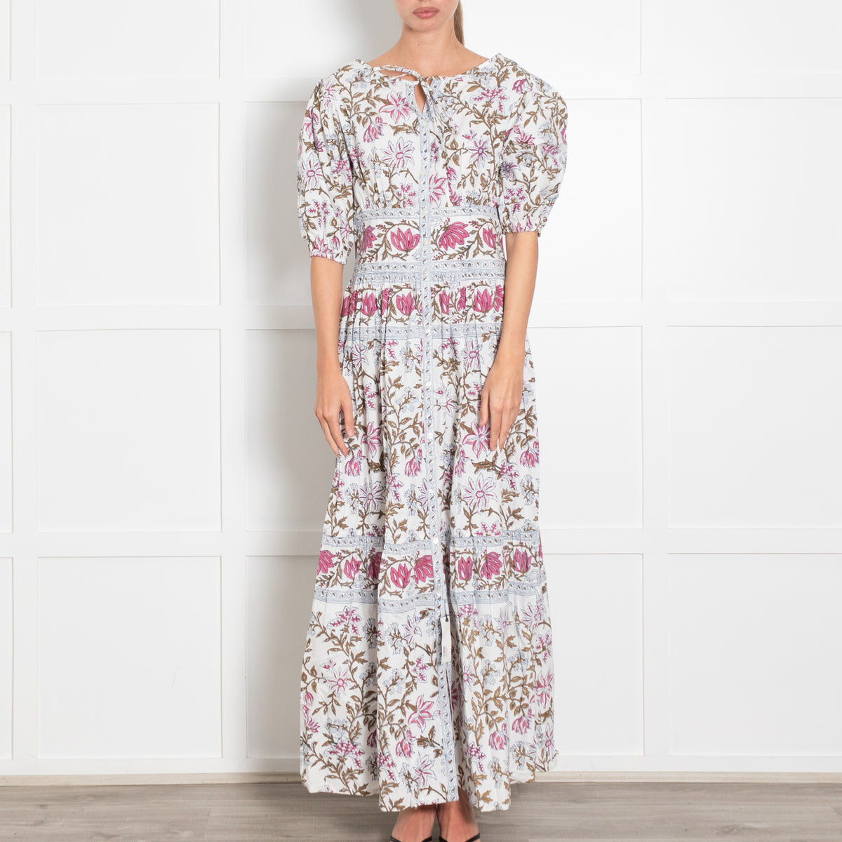 Hannah Artwear Pink, White and Khaki Floral Puff Sleeve Midi Dress