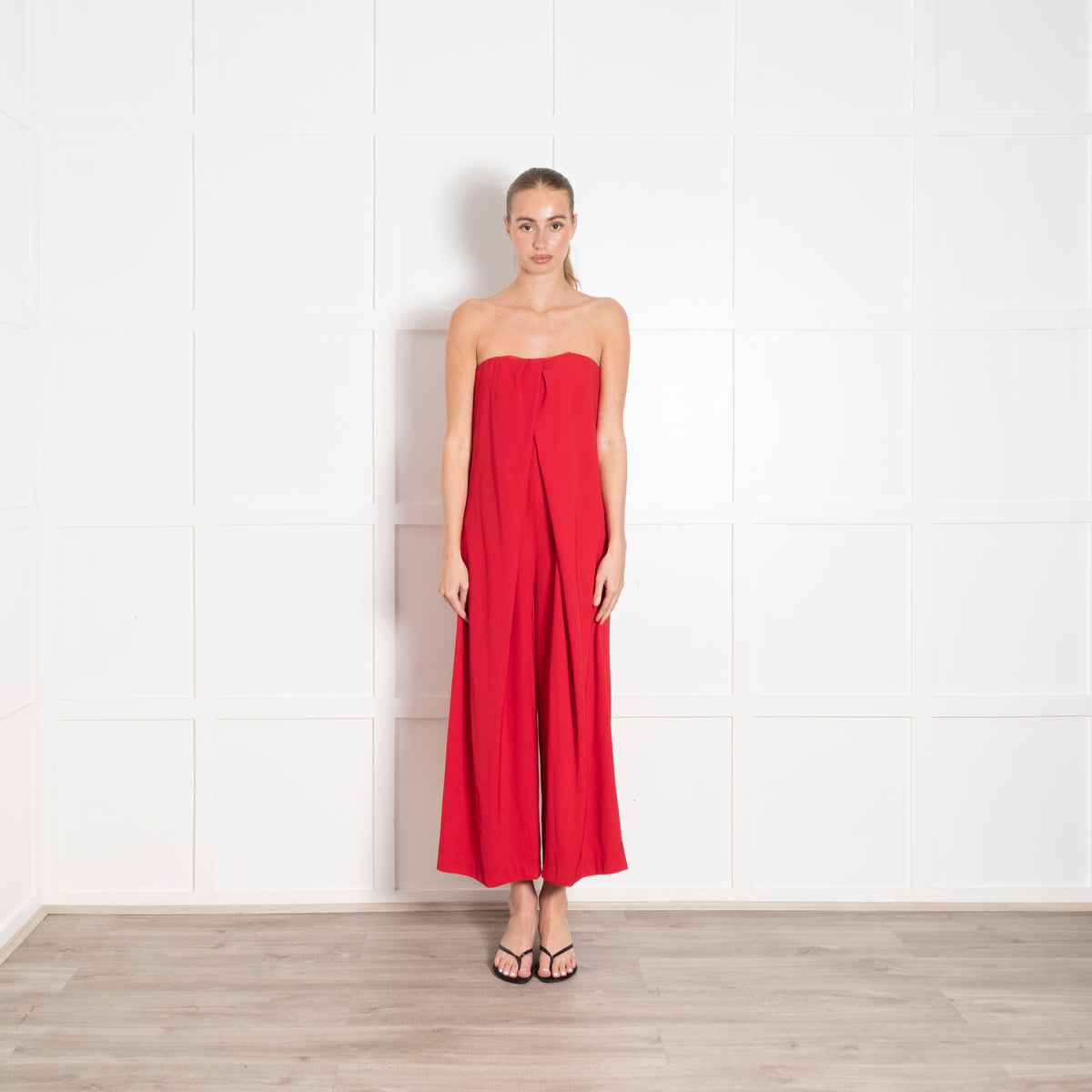 Tara Jarmon Red Draped Strapless Jumpsuit
