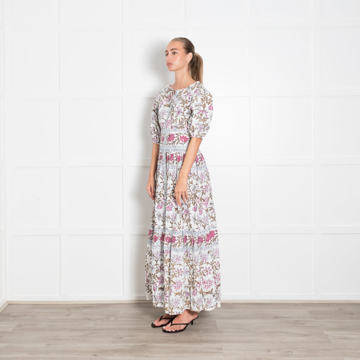 Hannah Artwear Pink, White and Khaki Floral Puff Sleeve Midi Dress