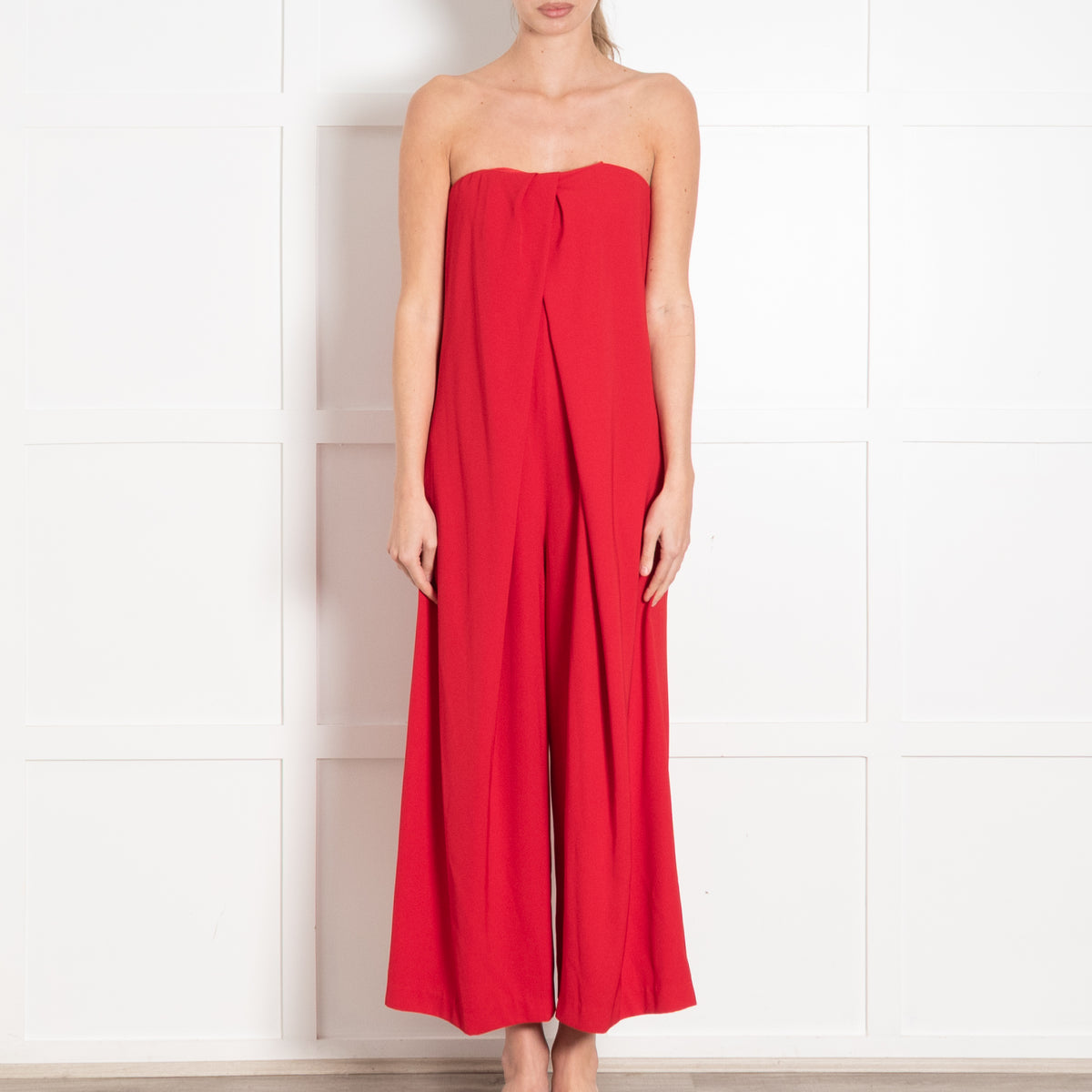Tara Jarmon Red Draped Strapless Jumpsuit