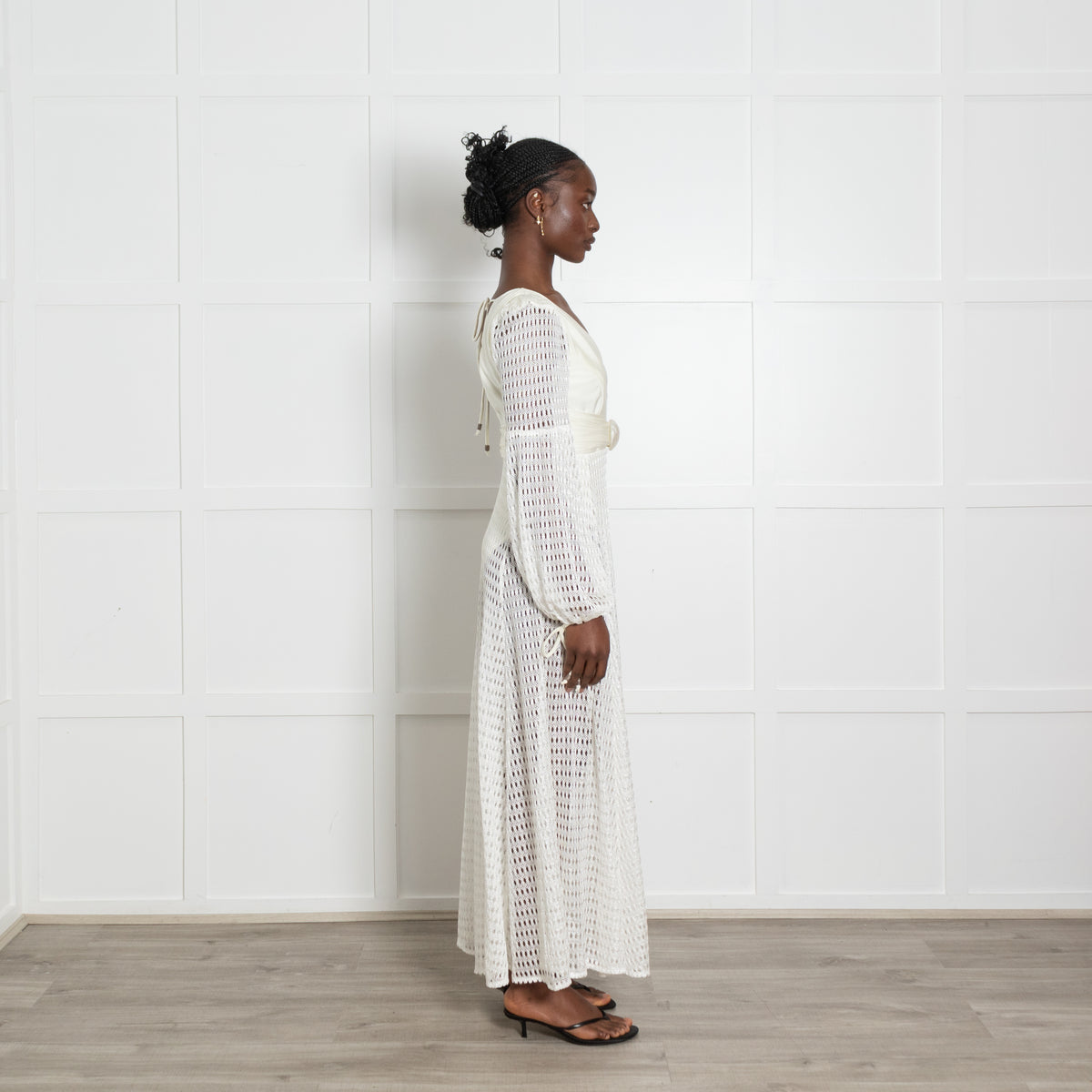 PatBo White Crochet Stretch Knit Shell Waist Maxi Dress
