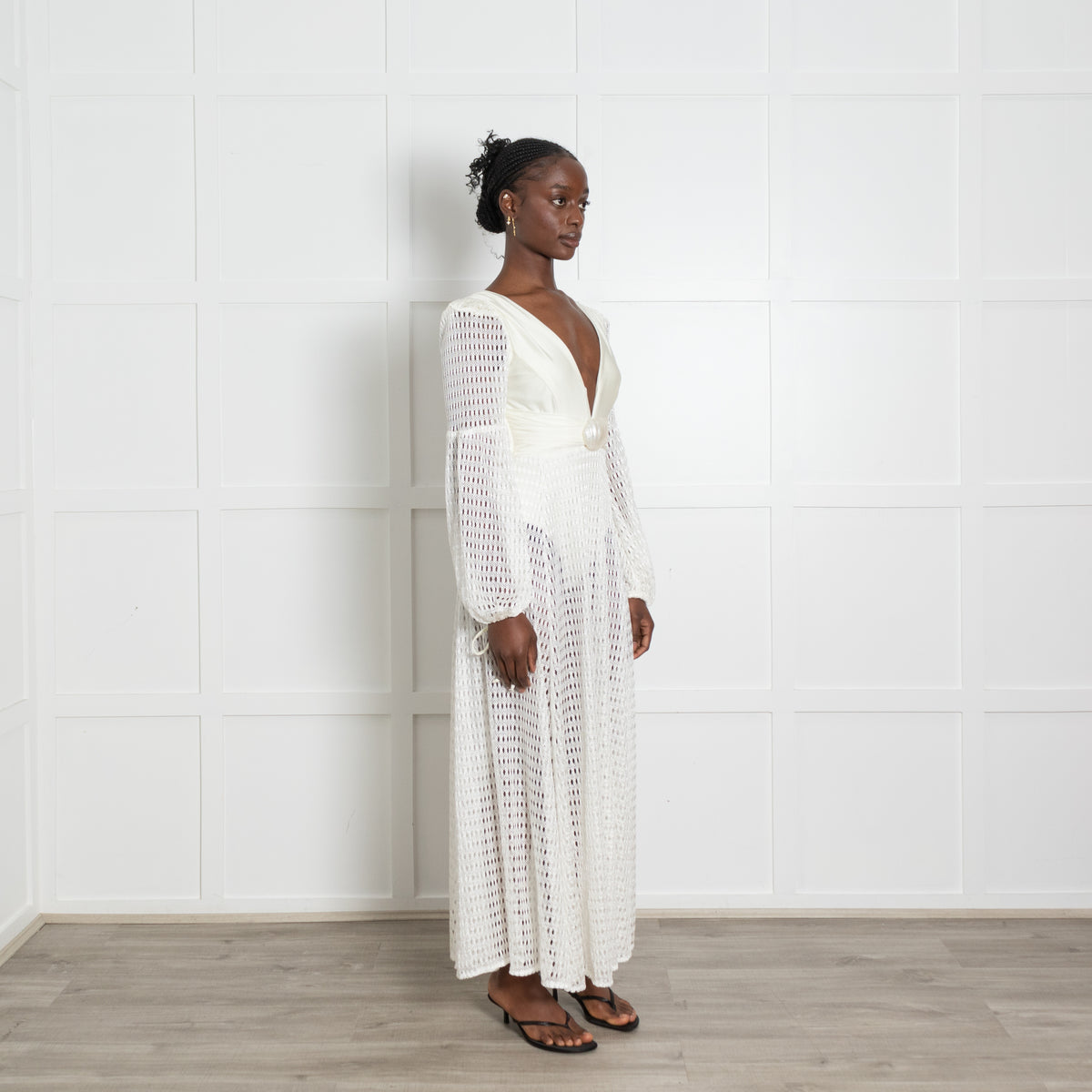 PatBo White Crochet Stretch Knit Shell Waist Maxi Dress