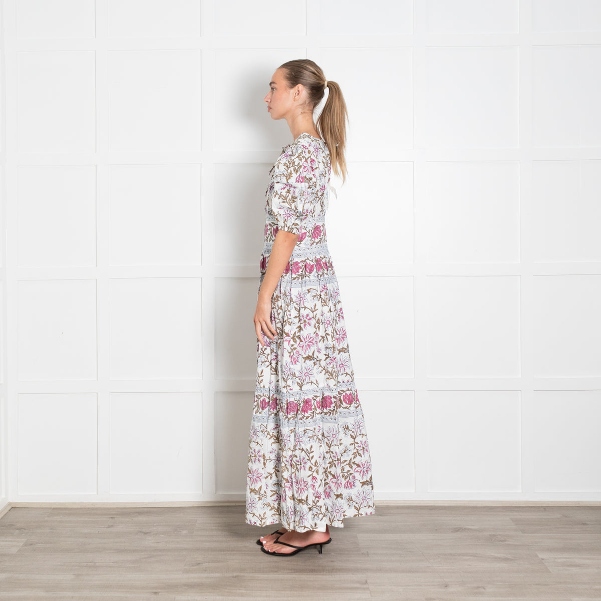 Hannah Artwear Pink, White and Khaki Floral Puff Sleeve Midi Dress
