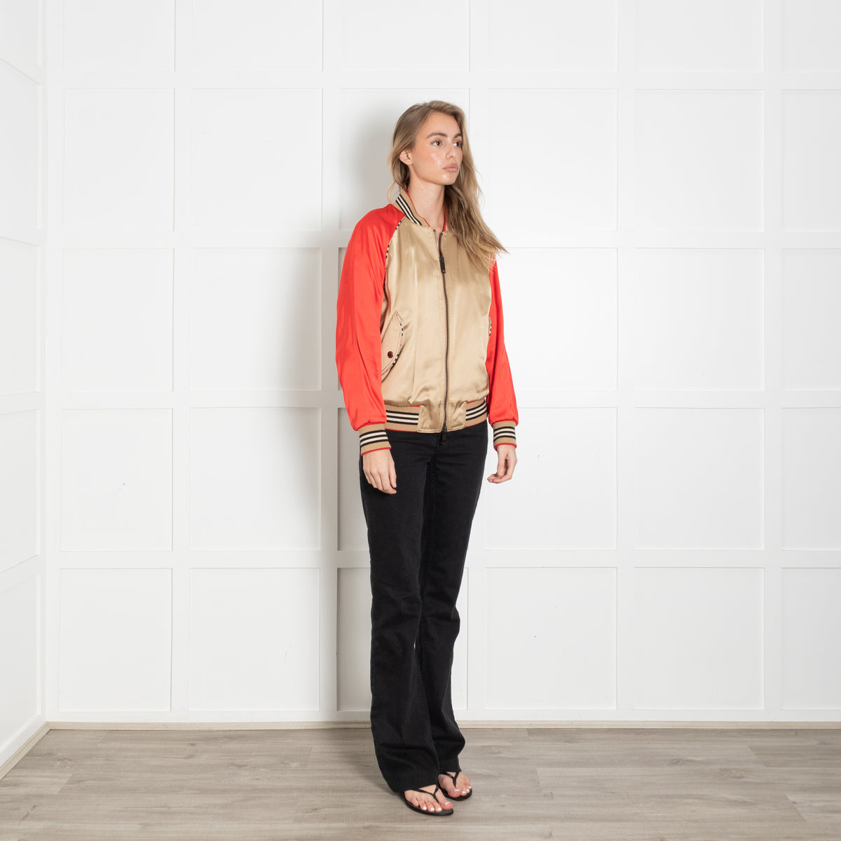 Burberry Beige And Red Paneled Stripe Trim Bomber Jacket