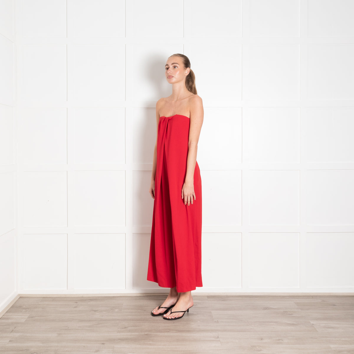 Tara Jarmon Red Draped Strapless Jumpsuit