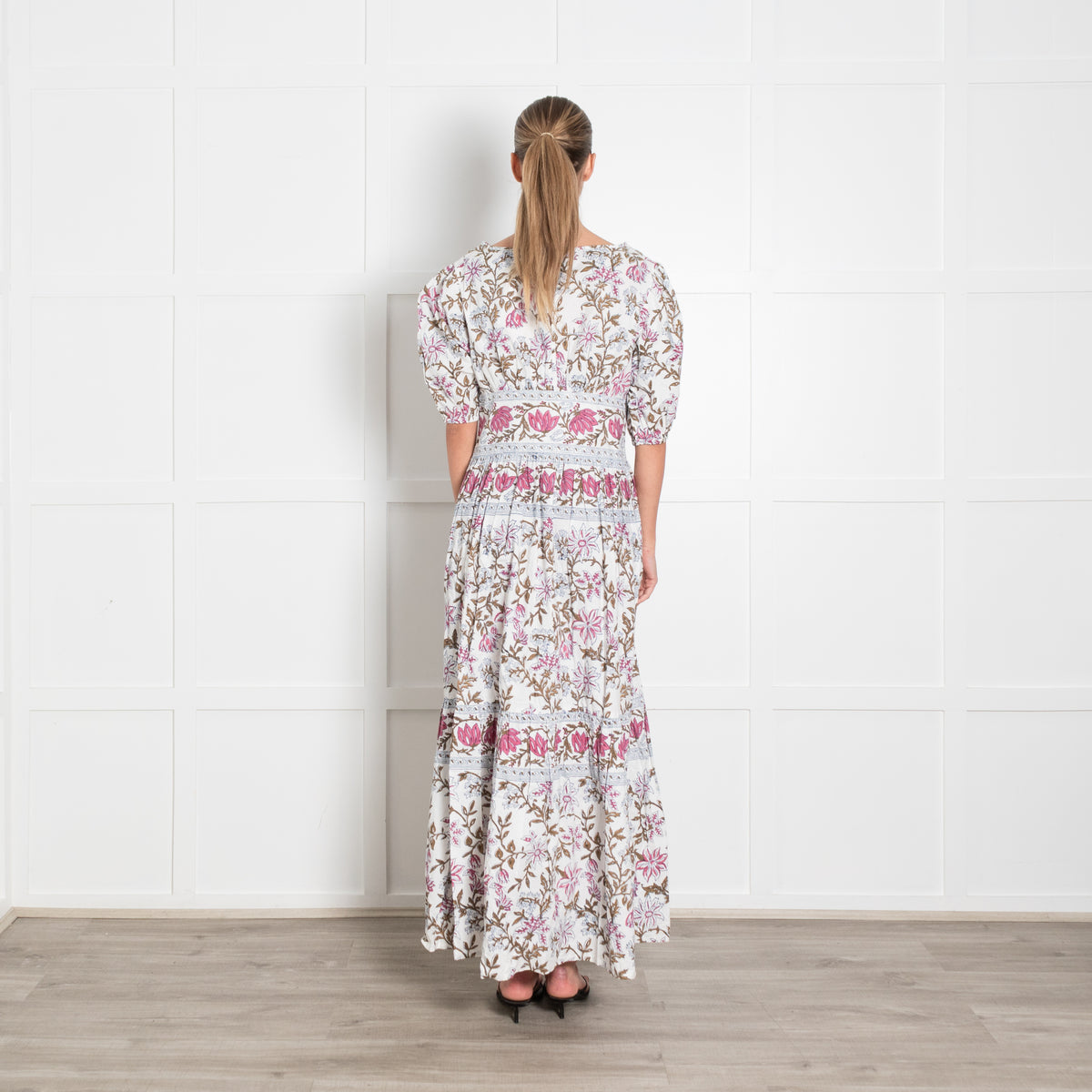 Hannah Artwear Pink, White and Khaki Floral Puff Sleeve Midi Dress