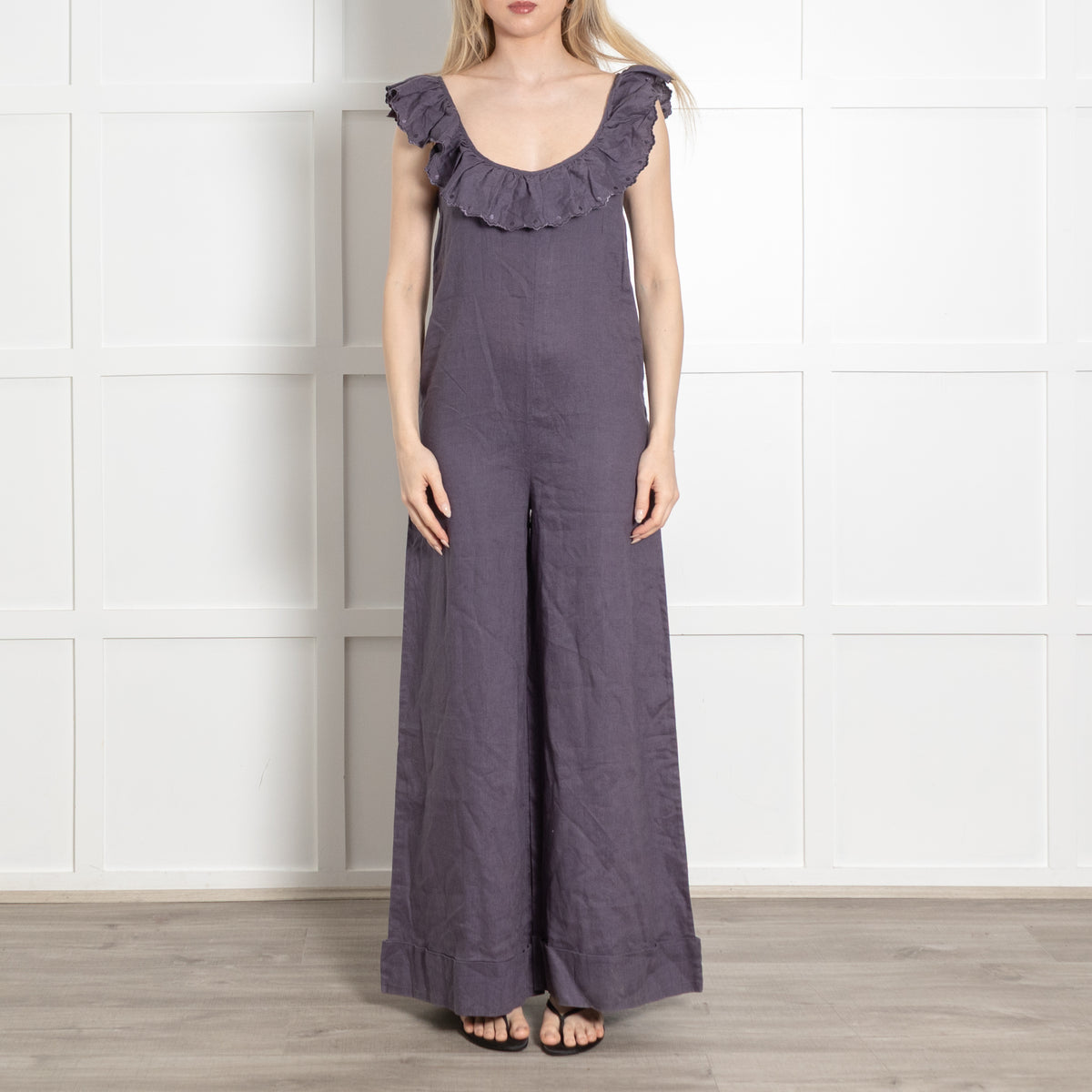 See By Chloe Blue Linen Frill Trim Neck Sleeveless Jumpsuit