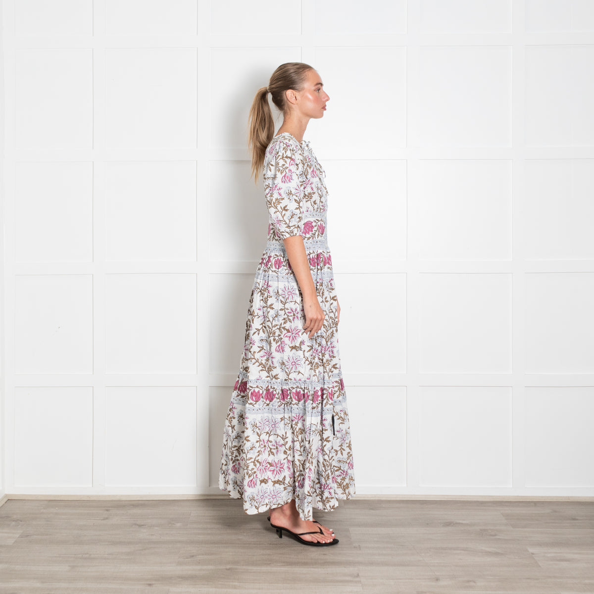 Hannah Artwear Pink, White and Khaki Floral Puff Sleeve Midi Dress