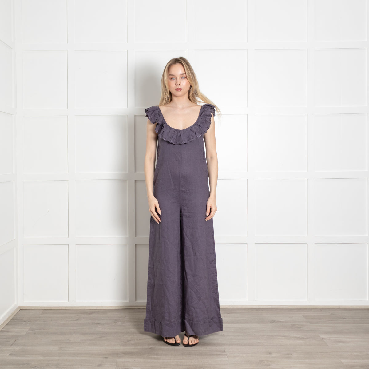 See By Chloe Blue Linen Frill Trim Neck Sleeveless Jumpsuit
