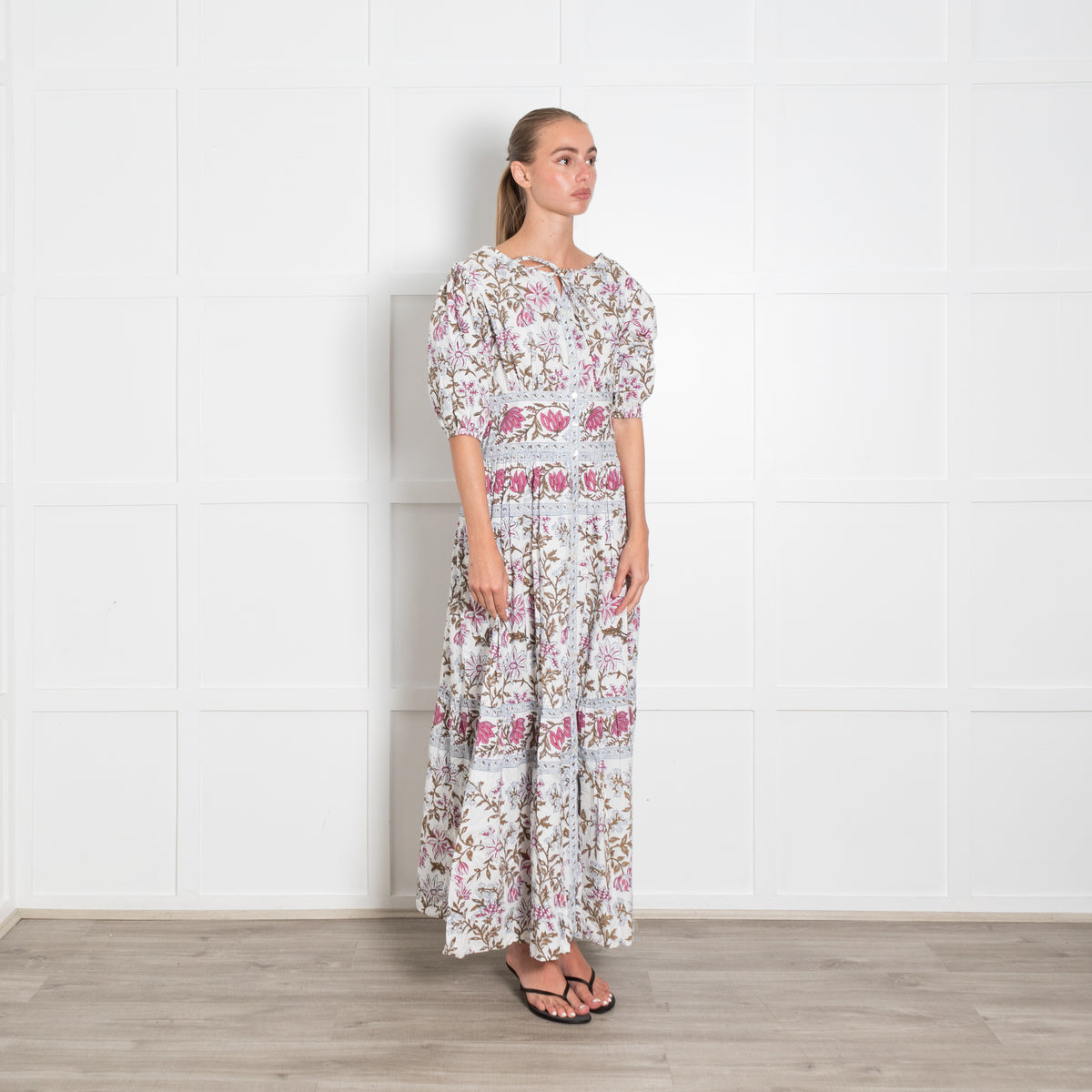 Hannah Artwear Pink, White and Khaki Floral Puff Sleeve Midi Dress