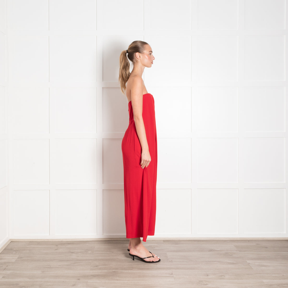 Tara Jarmon Red Draped Strapless Jumpsuit
