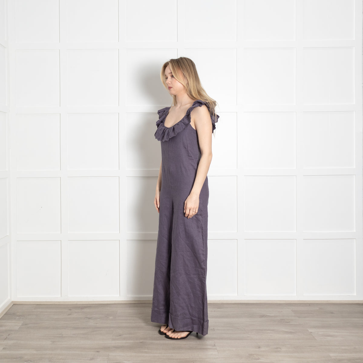 See By Chloe Blue Linen Frill Trim Neck Sleeveless Jumpsuit