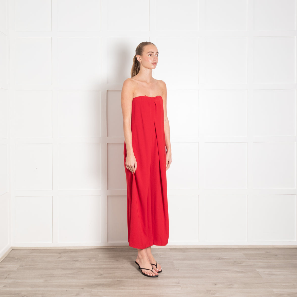 Tara Jarmon Red Draped Strapless Jumpsuit