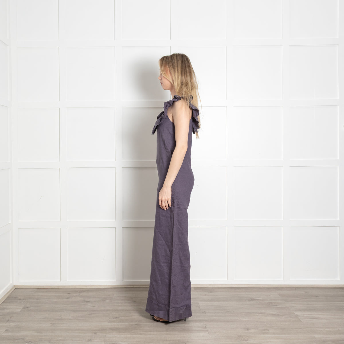 See By Chloe Blue Linen Frill Trim Neck Sleeveless Jumpsuit
