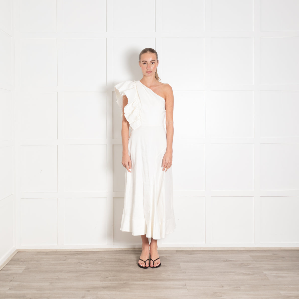 Aje White Ramie One Shoulder Frill Midi Dress